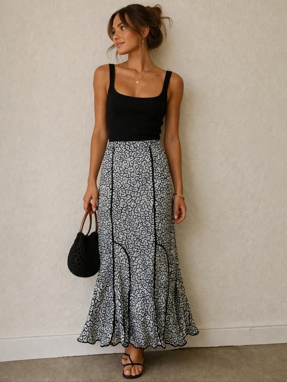 HANDMADE Swirl Patterned Godet Style Artsy Maxi Skirt